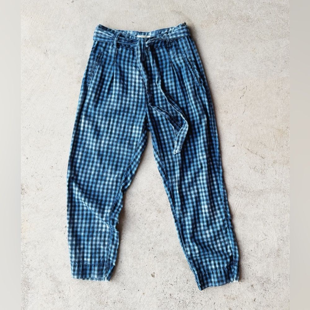 Anthro Maeve Avryl Bleached Gingham Pants Tie Waist Crop 0 - Picture 2 of 7